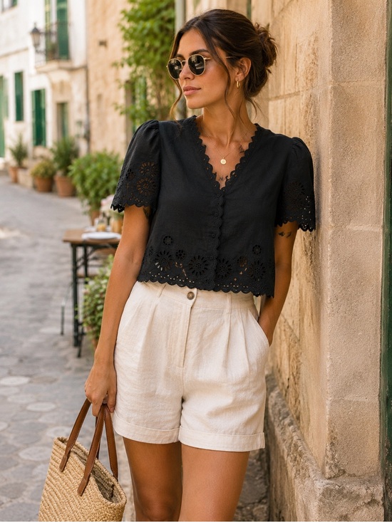 Elie Tahari Tops - Elie Tahari Linen Blend Black Eyelet Scalloped Button-Front Blouse Size S